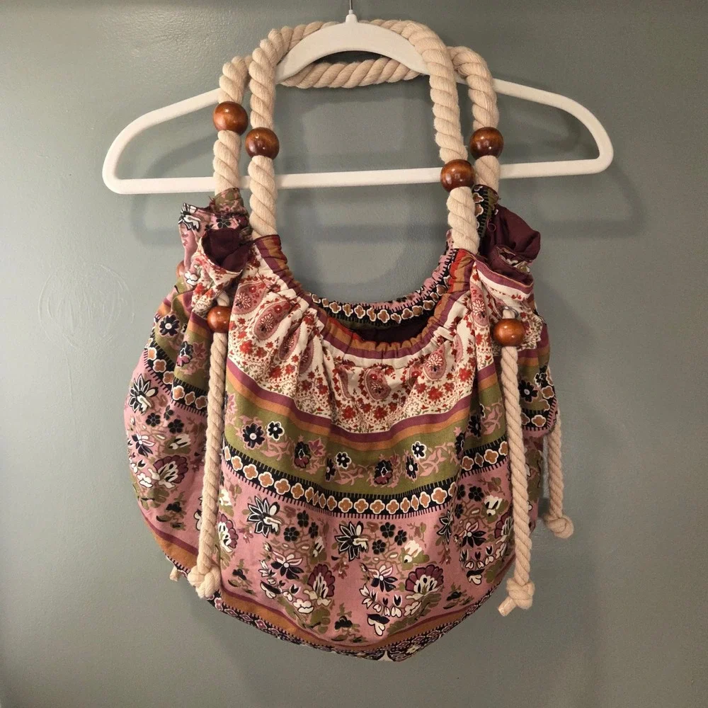 Boho Rope Handle Shoulder Bag Wooden Beads Paisley Floral Print Earthy